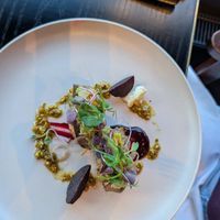 Middle eastern chickpea and quinoa croquettes, smoky aubergine, garden beetroot,
pickled shallots and cauliflower, candied lemon, pistachio, smashed broad beans,
medjool dates at Panorama Room in Mt Cook