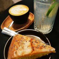 Lemon lavender cake. Verry good. And the home made pina coco drink was verry good also. at Espresso Quartier in Maastricht