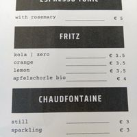 Espresso tonic, soda and bottled water menu(August 2025) at Espresso Quartier in Maastricht
