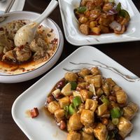 Sweet & sour chicken, kungpao tofu, and wontons  at Tofu Vegan - Gloucester Rd in South West London