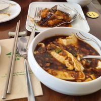 Silken tofu in house sauce and 'fisc' fragrant aubergine at Tofu Vegan - Gloucester Rd in South West London