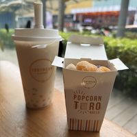 Peach oolong tea and fried taro balls  at The Soybean Factory in Kuala Lumpur