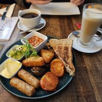 Vegan breakfast and oat milk decaf latte at Rowntree Lodge & Cafe in Scarborough