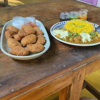 Vegan chikn nuggets and aloo tikki chole   at Terrassen Cafe in Kuilapalayam