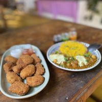 Vegan chikn nuggets and aloo tikki chole   at Terrassen Cafe in Kuilapalayam