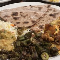 Daal Tadka (lentils), aloo gobi(cauliflower), kurkuri bhindi (okra), whole wheat roti and ricee  at Beyond Biryani in Loma Linda