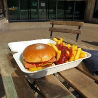 Analoka's Bar Boy Burger with homemade mushroom soy patty, facon, stir fried onions & mushrooms, tomatoes sause and mayo with Chinese style seasoned chips. at Anna Loka Food Truck  in Cardiff