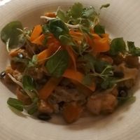 Pumpkin gnocchi with "rampussoli", pumpkin seeds, Treviso radish and raw pumpkin at Ristorante Remo Villa Cariolato in Vicenza