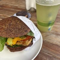 Tempeh sandwich has mango and pesto and spinach   at Mercado Verde in Punta Del Este