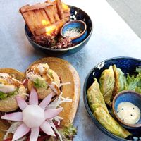 sweet potato pancakes, dinosaur eggs, green gyoza at ADIDA in Cologne