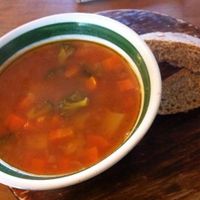 Sopa de verdura 24p served with pan integral which was toasted just right  at Te Quiero Verde in San Cristobal De Las Casas