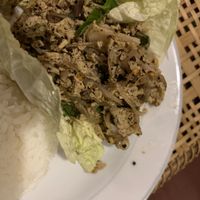 Half a plate (because I keep forgetting to take them) of local Loap dish - made from tofu, also had vegan pad thai; sweet sour; yellow curry all great and vegan  at Sanga Hostel and Souvenir in Pakxe