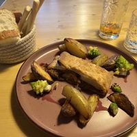 Lentil strudel, red wine reduction, roast potatoes and cauliflower   at Lo Barbaboque Ristrò in Valtournenche
