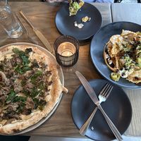 Truffle & Mushroom Pizza (left), Nachos Verde (right)  at PlantMade By Bar Verde  in New York City