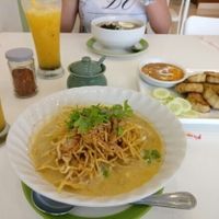 Yummy Khao Soi,  Wakame Soup with Spaghetti and Mushroom Sa-Tay. Passion fruit juice too!  at Kin-Lum Vegetarian in Chiang Mai
