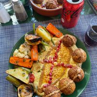 Falafel and hummus with roast vegetables  at Falafel Terrace & Brunch in Marrakech