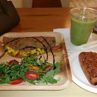 Galette Bretonne w/ Tofu Scramble, La Petite Verdure smoothie, and Chocolate Croissant  at Good Way Cafe in Longwood