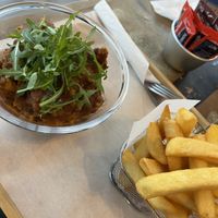 Vegan shepherd’s pie and chips  at Terra Nova Cafe in Cardiff