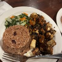 Jerk tofu with rice and peas and pan fried veg  at Toby's Resort Restaurant in Montego Bay