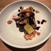 Dark chocolate ganache ‘mudslide’, cherries with blackcurrant coffee syrup, pineapple and coconut bark at No 7 Balmac in Dunedin