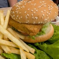 Burger and fries at Tess Vegan Cafe in Pattaya