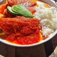 Enchiladas con vegetales and salsa rojo at Restaurant La Ventana Ranch in La Paz