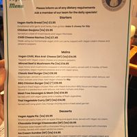 Vegan Menu at The General Eliott in Uxbridge