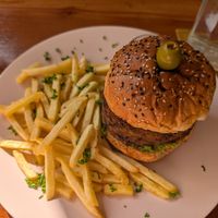 Lentil Burger with fries at Fruit Cafe in Ahangama