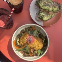 Mediterranean loaded toast, veg juices and sweetcorn fritter nourish bowl with peanut sauce   at Shoots Juice Cafe in Devizes