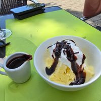 Coconut icecream with whip and chocolate sauce at Dorpshuis D'n Ostpit in Zeeland