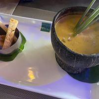 Pumpkin and peanut soup with traditional Sri Lankan prepared bread sticks  at Lords Restaurant Complex in Negombo