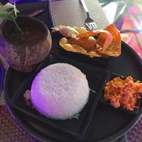 Soy meat Sri Lankan curry, large rice, pappadom and coconut sambol  at Lords Restaurant Complex in Negombo