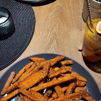 Grilled tofu+grilled veggies+potatoes+tomatoes sauce AND sweet potatoes at Holivudas in Taurage