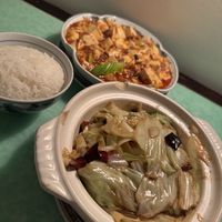 Ma Po Tofu, stir fried cabbage and white rice   at Café China - 傾國傾城 in New York City