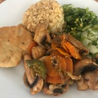 The main plate of menu of the day at Govinda's in Barranquilla