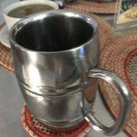 Juice with menu of the day was in a funky mug at Govinda's in Barranquilla