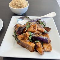 Basil eggplant tofu with brown rice.   at Veggie Garden in Mountain View