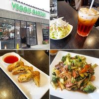 Thai iced tea, spring rolls, and happy family entrée. All Delicious!  at Veggie Garden in Mountain View