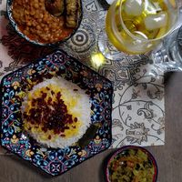 Eggplant stew with soya, rice, pickles, saffron syrup at Saffron Persian Food - Šafrán Perské Jídlo in Brno