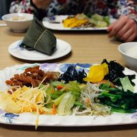 Breakfast selection with rice dumpling. at Kintsubo Shokudo in Okinawa