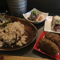 Tapas lunch , beetroot tart , aubergine dish , seaweed and tofu nuggets  at Base Island Kitchen in Osaka