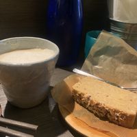 Soy milk coffee and vegan orange/apple custard cake at Base Island Kitchen in Osaka