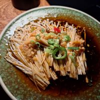 Enoki fan - steamed enoki mushrooms, garlic, chilli and mushroom sauce #Veganuary at Sister7 at Fidelity Studio  in Dublin