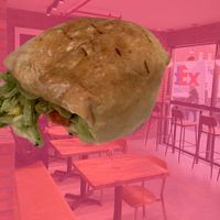 Falafel (superposed above seating) at Mamoun's Falafel - Upper East Side in New York City