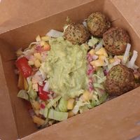 Vegan Falafel Burrito Bowl: Rice, Falafel, Fajita Veggies, Beans, Lettuce, Mango Salsa & Guacamole. at Bandit Brothers in Wilmslow