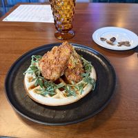 Chicken and waffles  at Marian Cocktails and Kitchen in Raleigh