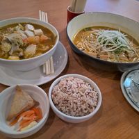 Left: Tomyam ocean hotpot set, right: Nyonya Laksa Lemak at Loving Hut in Central Singapore