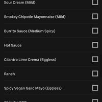 Shows vegan sauce and egg free but the burrito sauce says nothing ...  at Fresh Burrito in Hamilton