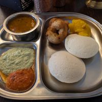 Breakfast buffet: sambar, idli and vada at Manasa in Sale