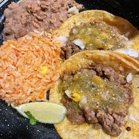 Asada taco dinner- 3 tacos, beans and rice  at Penelope's Vegan Taqueria - Pilsen in Chicago